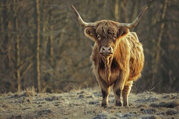 Digital artwork of  highland cow standing in a field with its horns