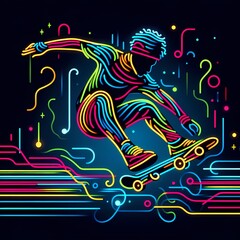 Neon Skateboarder Performing a Trick