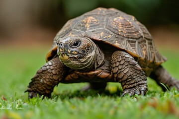 Tortoise turtle walking along grassy grass, high quality, high resolution