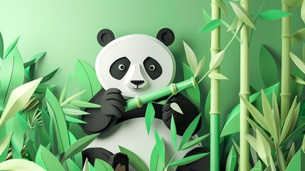 Paper cut bamboo forest panda illustration poster background