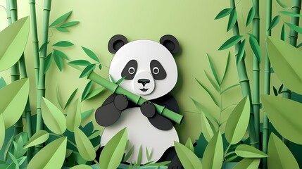 Paper cut bamboo forest panda illustration poster background