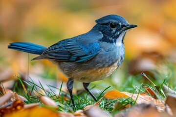Illustration of  blue and grey bird stands near grass and leaves - Powered by Adobe