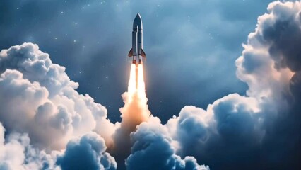 Rocket launch with nebula and starry sky