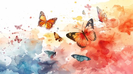 Monarch butterflies are fluttering around in a watercolor painting.