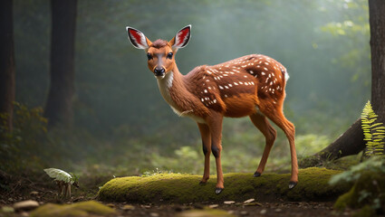 brown deer fawn with white spots stands in a forest clearing, looking at the camera.