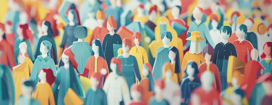 A large crowd of people from a top down view. The people are all different colors and wearing different clothes. They are all facing the same direction.