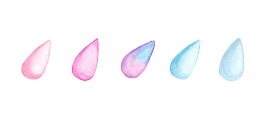 Concept of painful female menstruation. Watercolor hand drawing. Set of blood drop, clean water signs. Design for healthcare, medicine, women's periods, pms