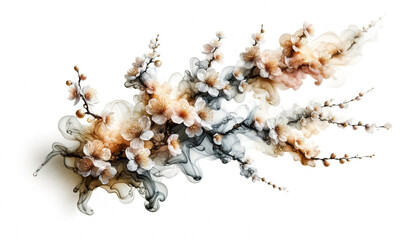 Abstract flowers sakura branch with fluid alcohol ink paint and gold accent soft tones on white background.