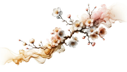 Abstract flowers sakura branch with fluid alcohol ink paint and gold accent soft tones on white background.