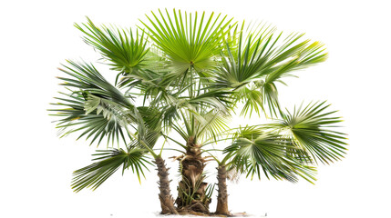 Fototapeta premium Three palm trees are prominently displayed against a plain white backdrop