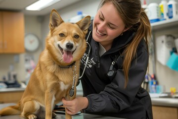 Veterinarian examining a happy dog in a modern veterinary clinic, professional setting
