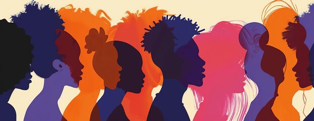 Obraz premium A group of diverse women of color, with different hairstyles, skin tones, and hair textures, are shown in silhouette. The image is a celebration of black beauty and culture.