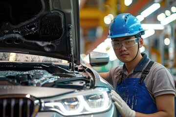 Workers repair and clean cars