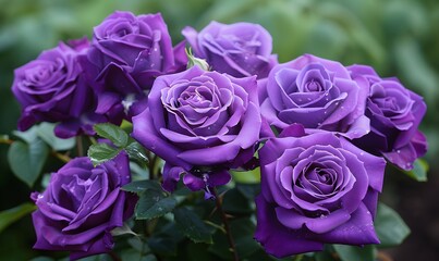 Beautiful purple roses in the early morning light, Generative AI
