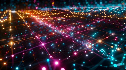 Fototapeta premium Vibrant Neon Data Network Backdrop with Futuristic Glow and Luminous Connections