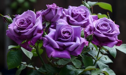 Beautiful purple roses in the early morning light, Generative AI
