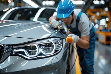 Workers repair and clean cars