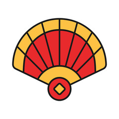 Chinese New Year Folding Fan Icon With Lineal Color Design Style