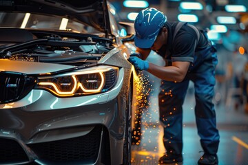 Workers repair and clean cars
