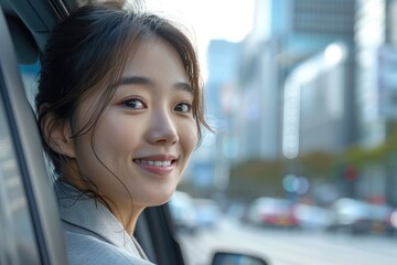 A young woman in the car looking out at the city