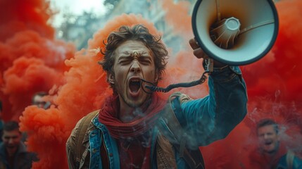 An activist is shouting through a megaphone, surrounded by smoke during an intense protest situation