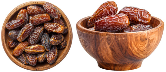 Obraz premium Bundle of dates in a wooden bowl, side and top view, isolated on a white background