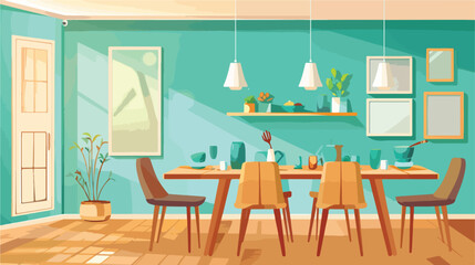 Dinning room interior. Wooden dining table and chairs
