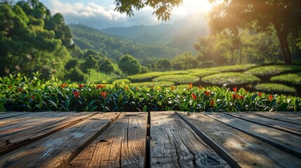 A rustic wooden foreground with a view of a lush tropical garden and mountains at twilight