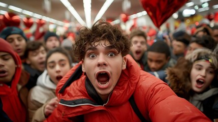 Chaotic scene of crowd rushing into store during sales event. Emotionally people forming giant crowd