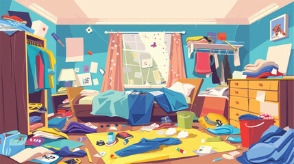 Disorderly room. Clutter interior mess house apartmen