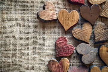 Abstract Background of Wood hearts on hessian texture  valentine background