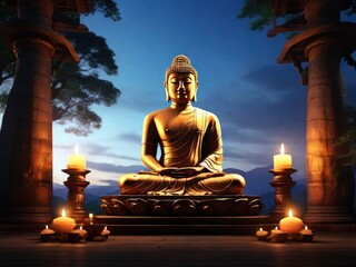 Buddha statue with nature background and temple bokeh, Vesak day celebration - generative ai