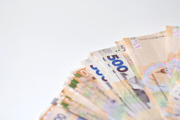 Ukrainian money backdrop. Background of the five hundred hryvnia banknotes. Close-up view. Ukraine economic. Paper money. Finance concept. White background