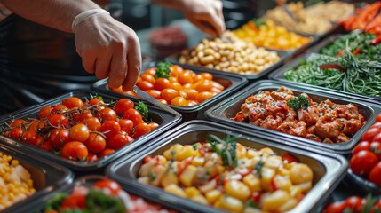 A hand selecting fresh cherry tomatoes from a tray at a well-organized buffet service line - Powered by Adobe