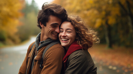 Fototapeta premium Happy couple embracing on an autumn pathway, surrounded by vibrant fall leaves, warm and romantic moment