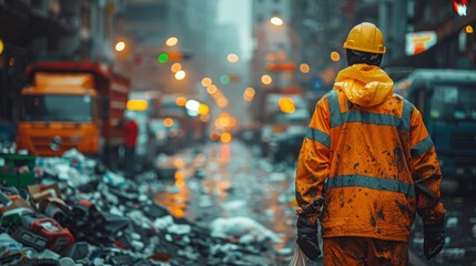 A worker in a yellow safety suit stands amidst a littered street with blurry traffic and shops in the background