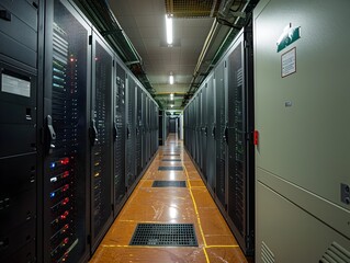 Fototapeta premium Advanced IT Infrastructure HighTech Server Room Equipped with StateoftheArt Equipment