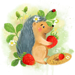 Cute hedgehog character as a vintage gardener is holding a strawberry. Spring or summer garden work children hand drawn watercolor illustration on a transparent background.  © Светлана Карапетян