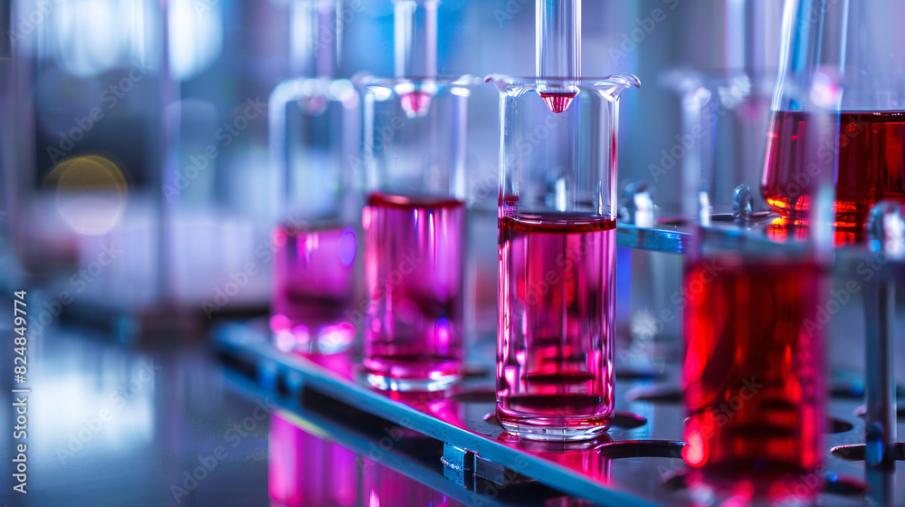 Wall mural laboratory research with test tubes and pipettes. close-up of laboratory experiment with colorful li