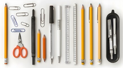 A Curated Collection of Essential Office Supplies on a Pristine White Background