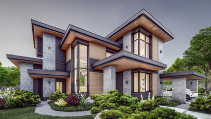 3d rendering of modern two story house with gray and wood accents, large windows, parking space in...