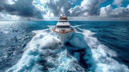 A front view of a luxurious yacht creating dynamic waves as it powers through the deep blue ocean