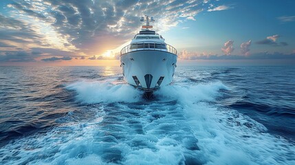 Stunning motor yacht cruising at sea with a beautiful sunset creating an atmospheric backdrop