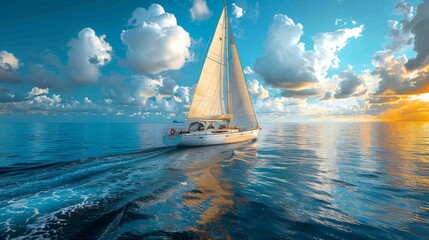 A yacht sails on tranquil waters with the setting sun casting a warm glow on the clouds