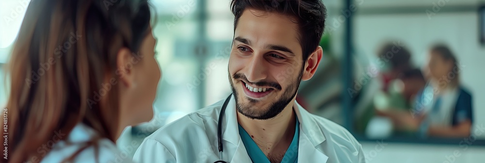 Wall mural doctor speaking to patient in the hospital, consulting with doctor with happy and content looking fa