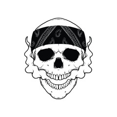 Smoke skull with bandana illustration. Skull in smoke cloud vector. Isolated on white background.