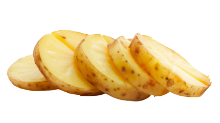 A close-up view of a pile of evenly sliced potatoes arranged on a clean white surface