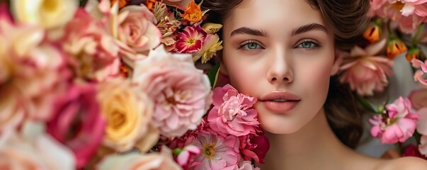 young woman portrait in soft pink lush flowers with fresh skin and make-up, fashionable stylish banner for a flower shop or beauty salon, summer spring sensual concept