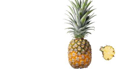 A pineapple cut in half, with its yellow flesh and green leaves exposed, placed on a white background