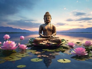 Buddha statue above the lake with sky in the background, Vesak Day celebration - generative ai
